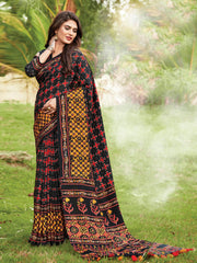 Stunning Black Cotton Art Silk Printed Saree