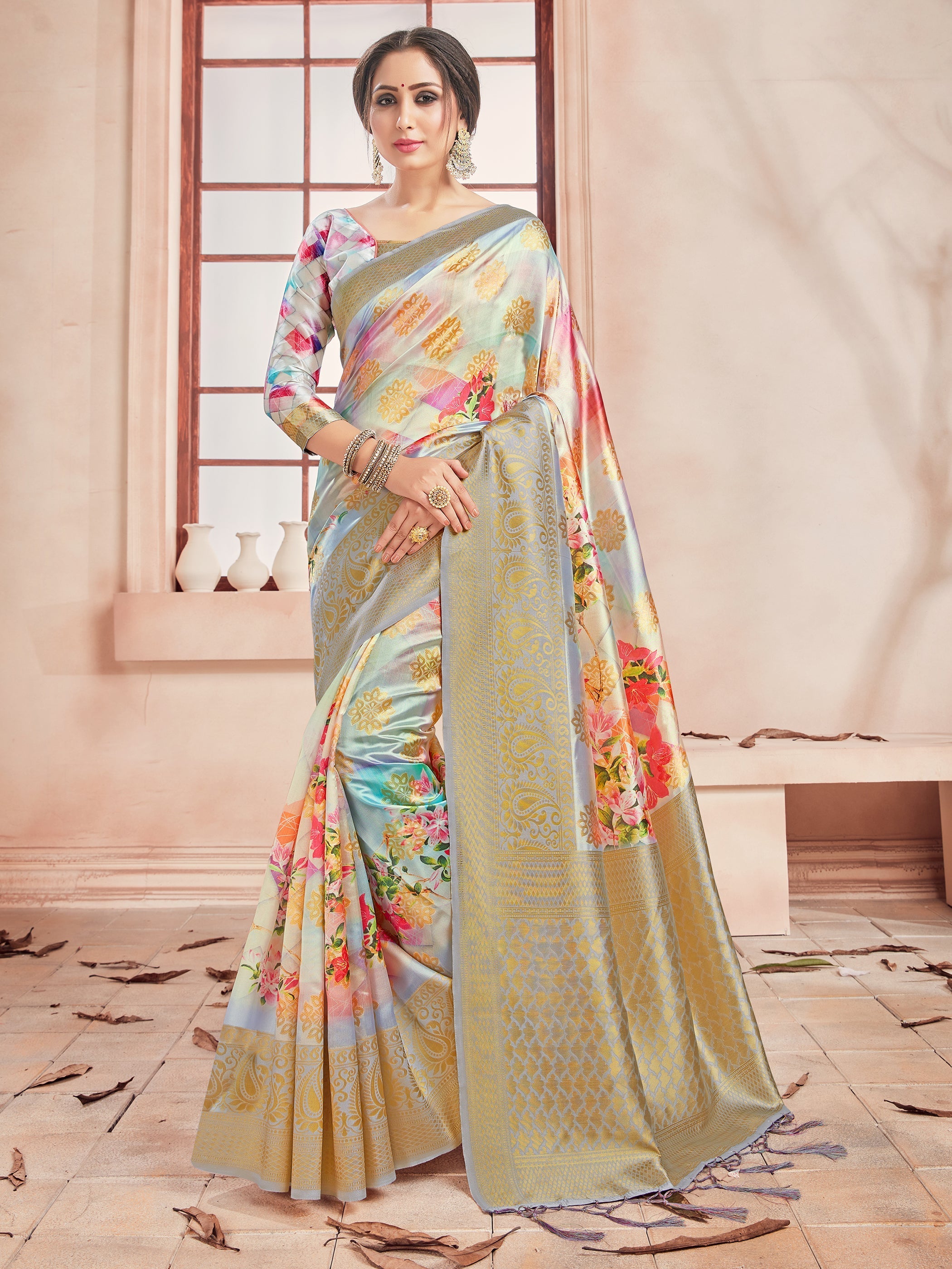 Elegant Beige Banarasi Art Silk Digital Print with woven border Saree