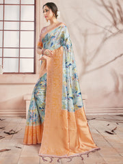 Elegant Off White Banarasi Art Silk Digital Print with woven border Saree