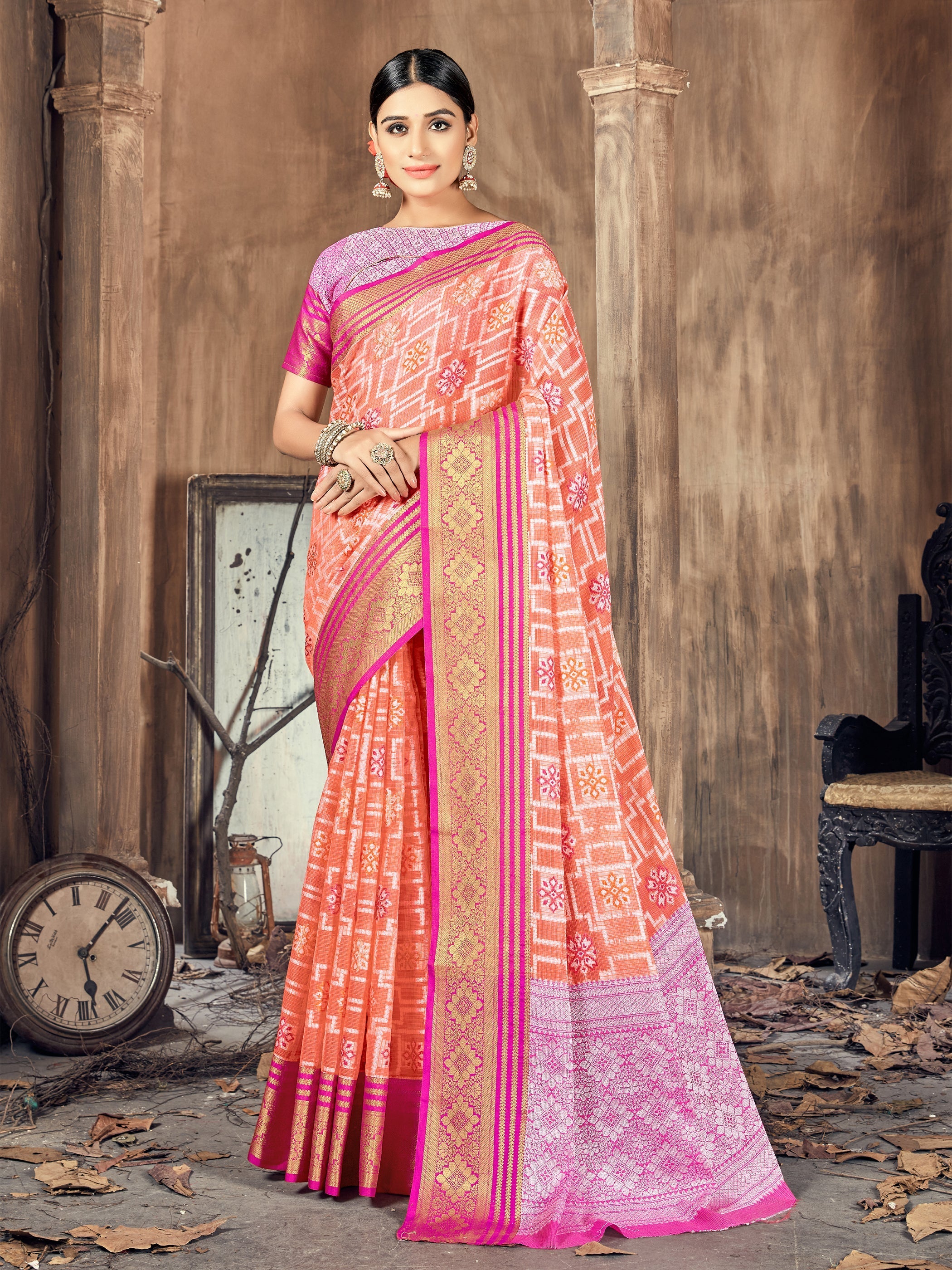 Elegant Orange Cotton-Silk Saree