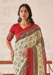Elegant White Cotton-Silk Foil Print Saree