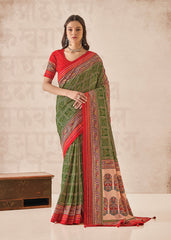 Elegant Green Cotton-Silk Foil Print Saree