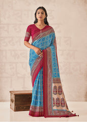 Cyan Cotton Silk Foil Print Saree-3317