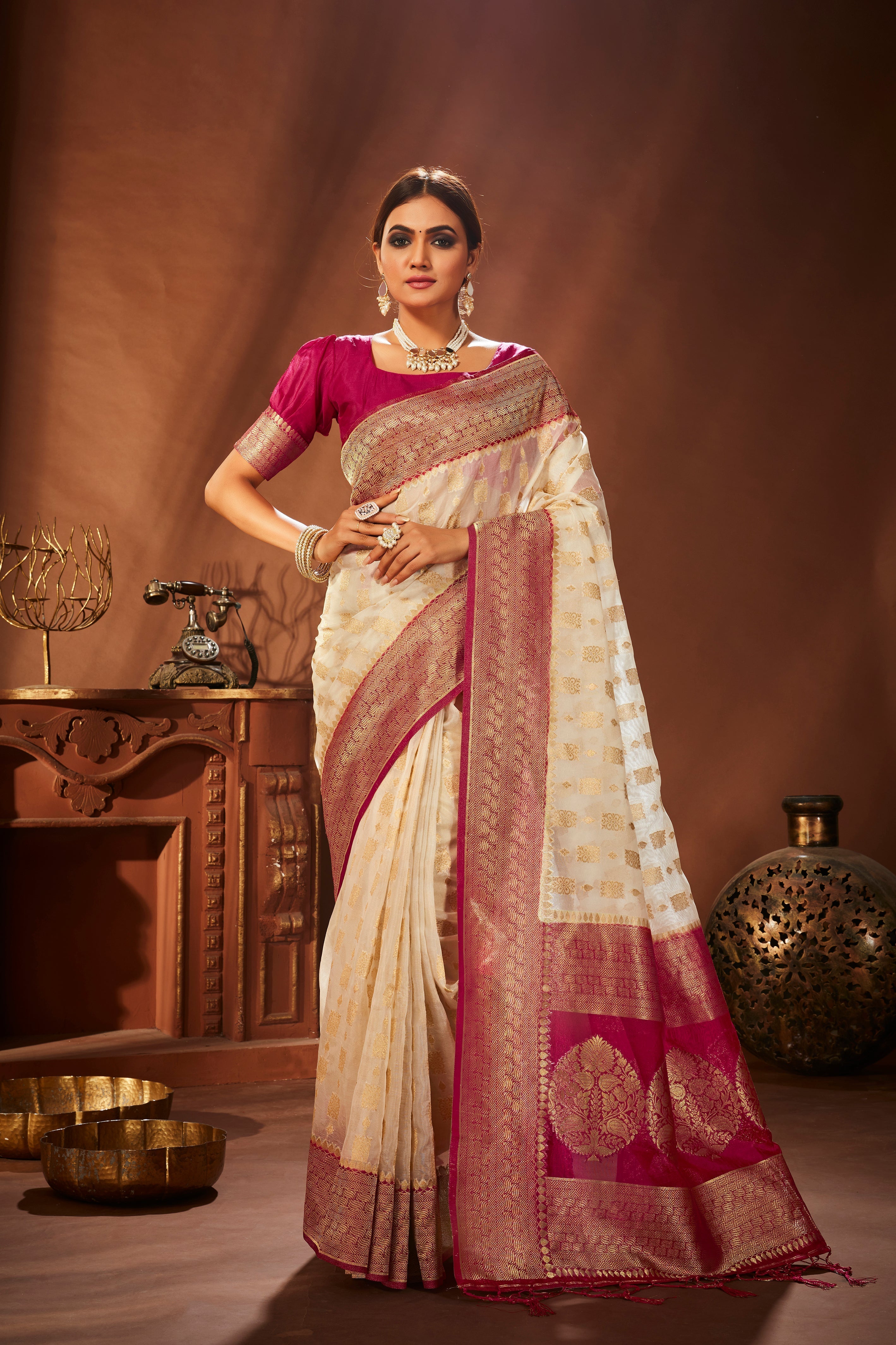 Elegant Cream Organza Saree