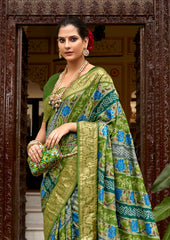 Shop Elegant Green Velvet Tussar Silk Floral Print Saree