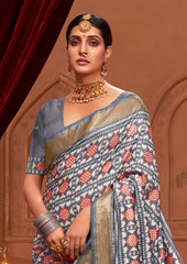Grey Ikkat Polka Dot Saree-3906