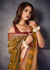 Luxurious Yellow Silk Intricate Block Print Saree