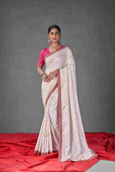 Exquisite White Tussar Silk Bandhani Saree