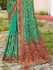 Sea Green Satin Silk Embroidery Saree-4422