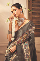 Slate Grey Tussar Silk Tribal Print Saree-4459