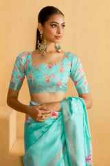 Fountain Blue Tussar Silk Floral Print Saree-4474