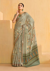 Grey Olive Tussar Silk Floral Print Saree-4479