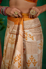 Shop Stylish Cream Linen Printed Ready to Wear Sarees Online - Affordable Prices-RTW-1897