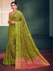 Stunning Olive Green Banarasi Kanjivaram Art Silk Woven Saree 