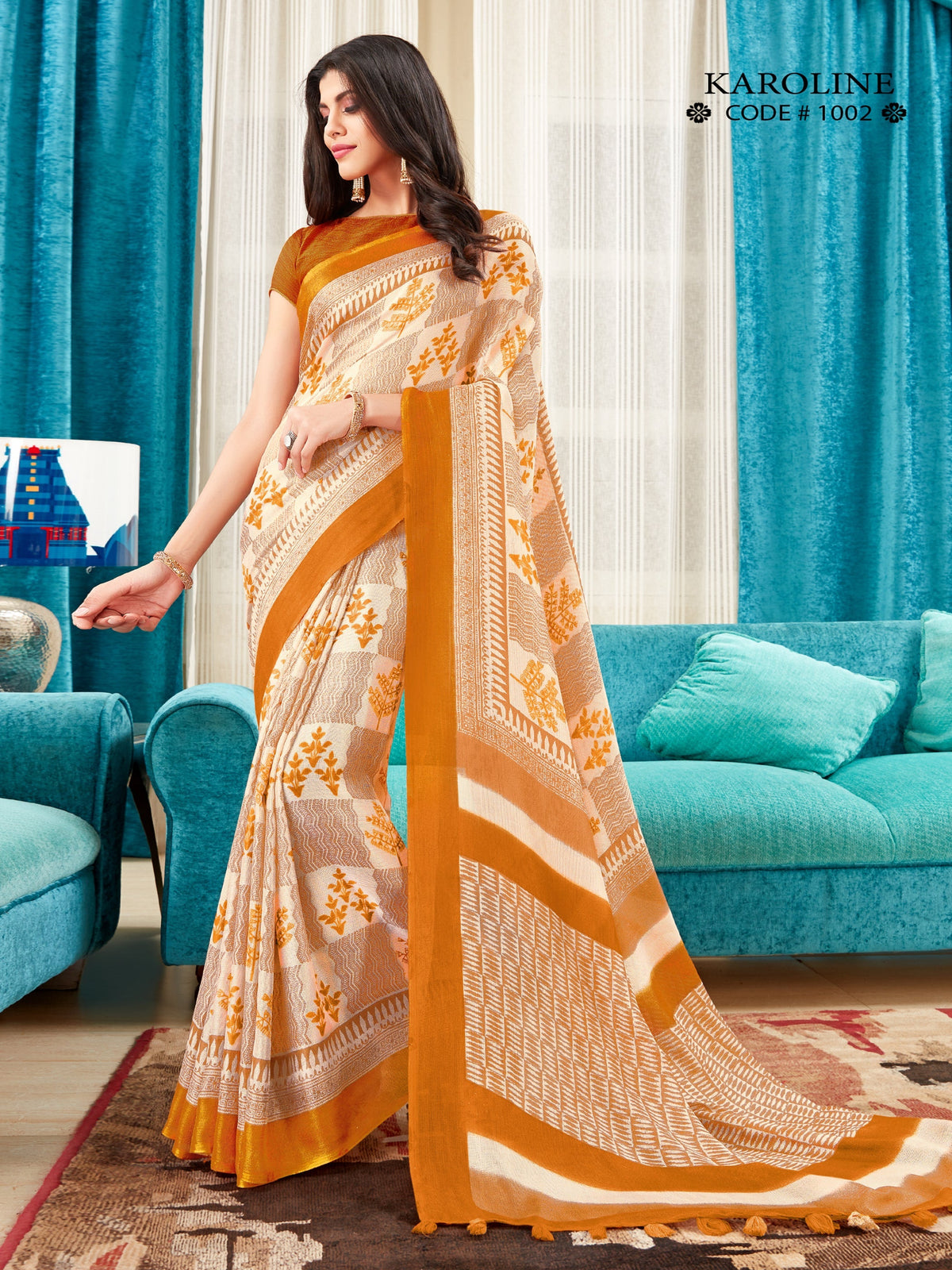 Beautiful Cream Linen Printed Saree 