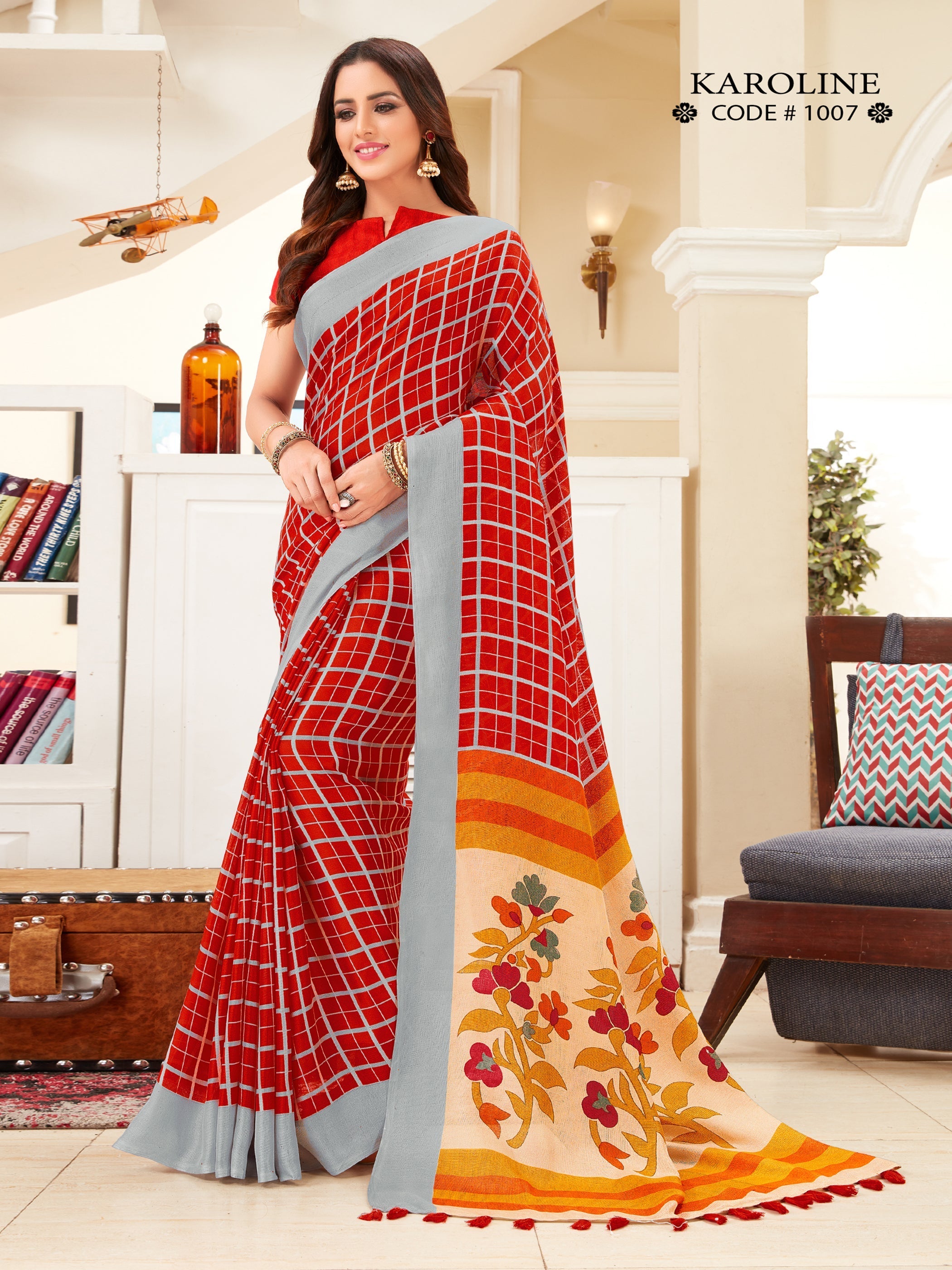 Stunning Red Linen Printed Saree 
