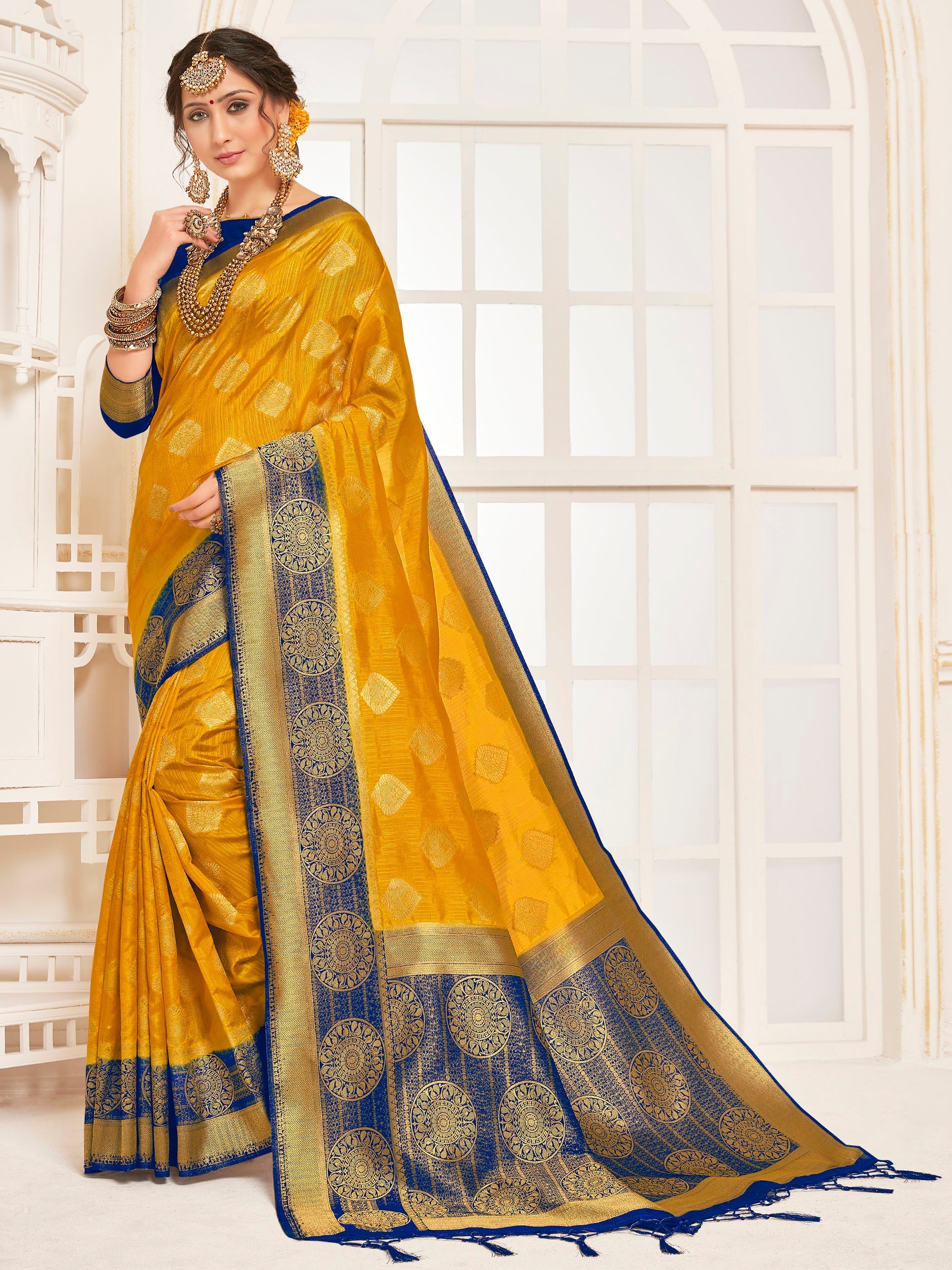 Beautiful Mustard Banarasi Art Silk Woven Saree 