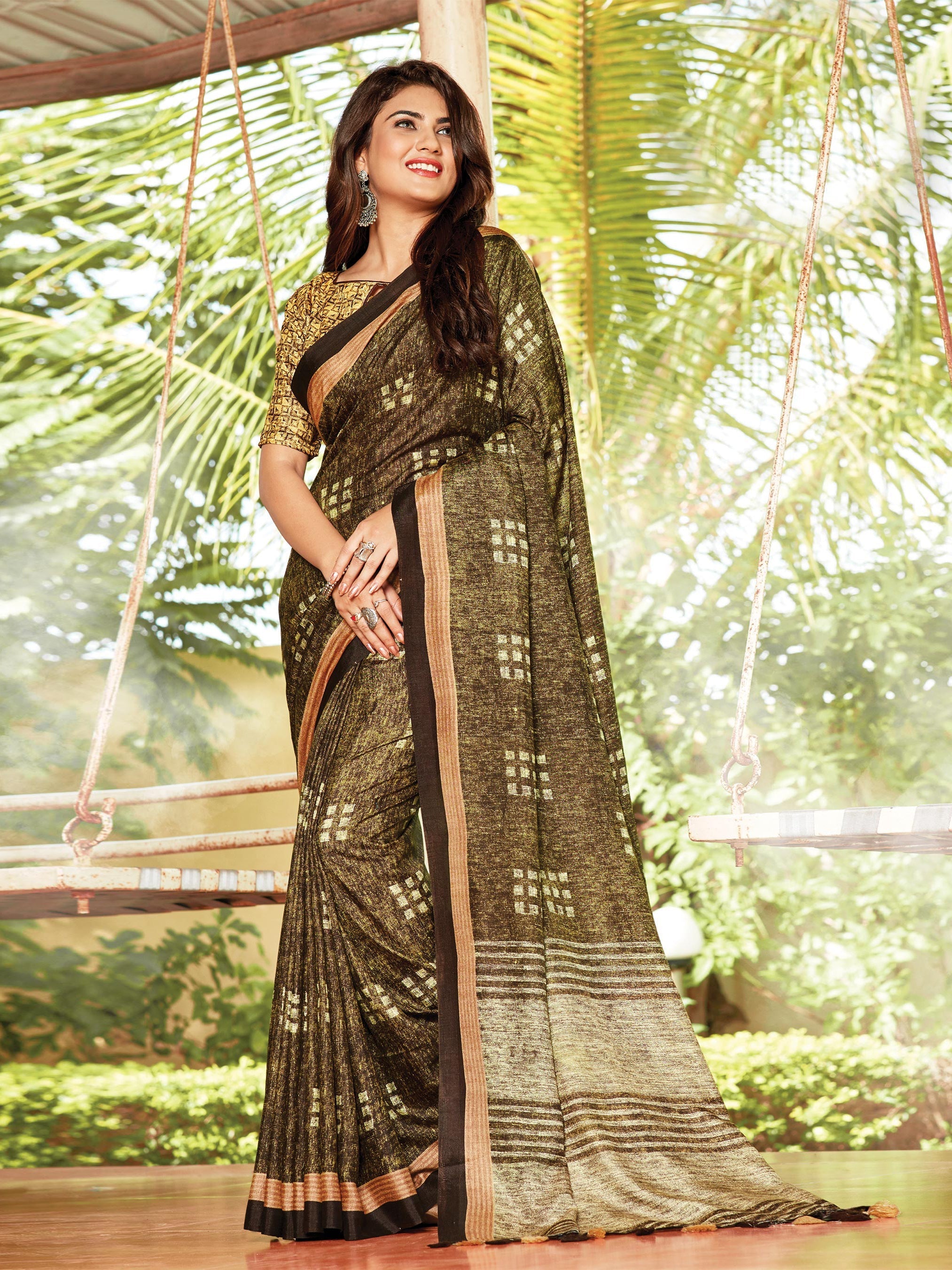Chic Brown Cotton Art Silk Printed Saree 