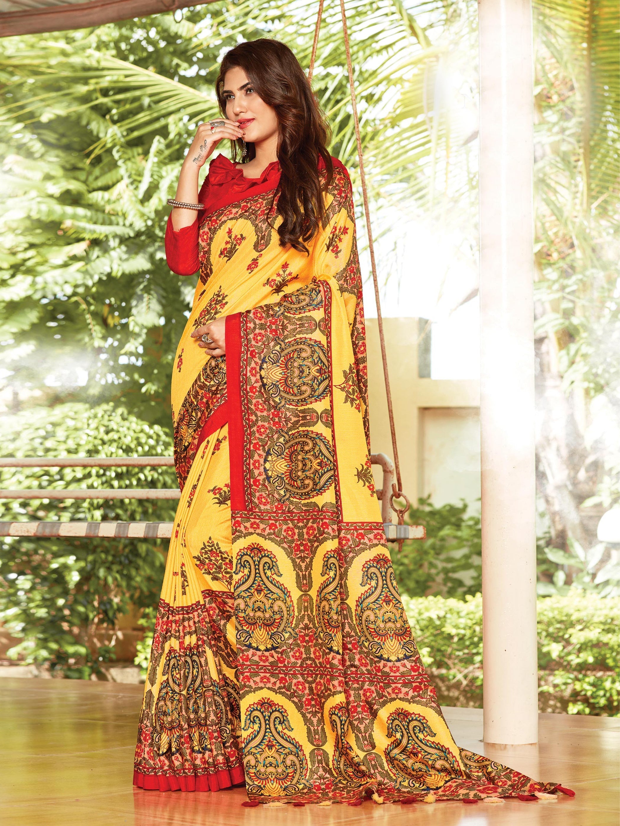 Elegant Yellow Cotton Art Silk Printed Saree 