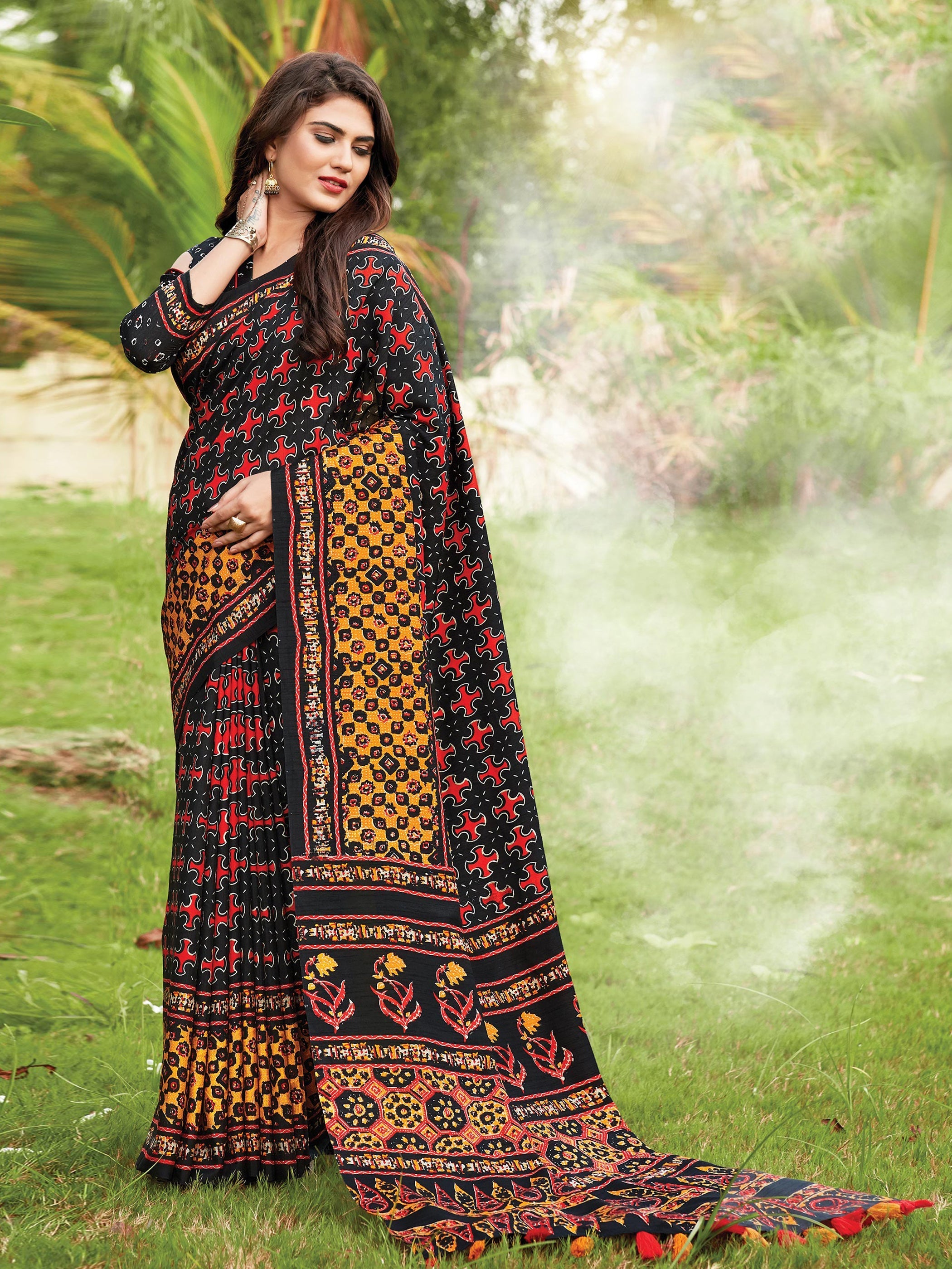 Stunning Black Cotton Art Silk Printed Saree 