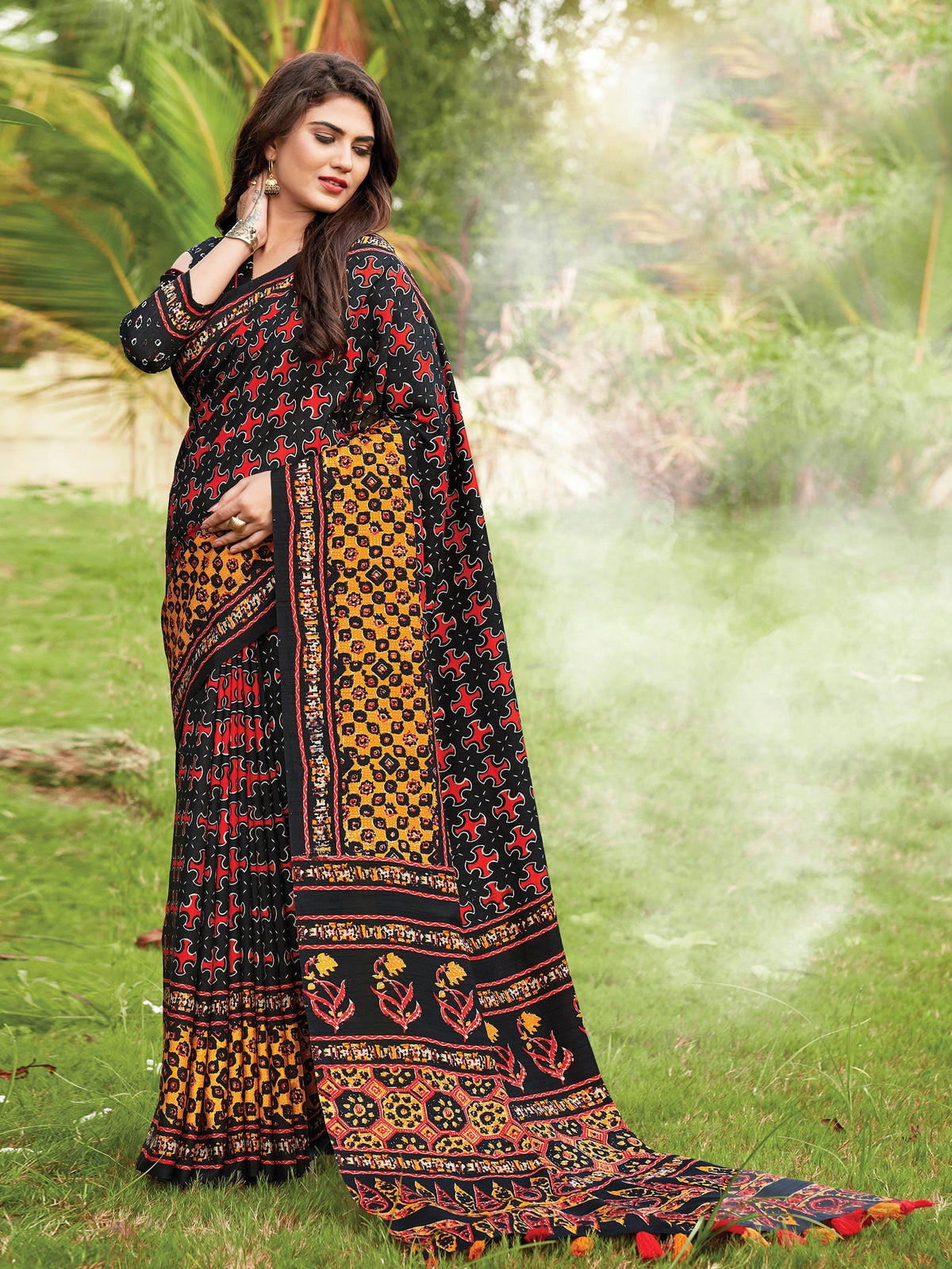 Stunning Black Cotton Art Silk Printed Saree 