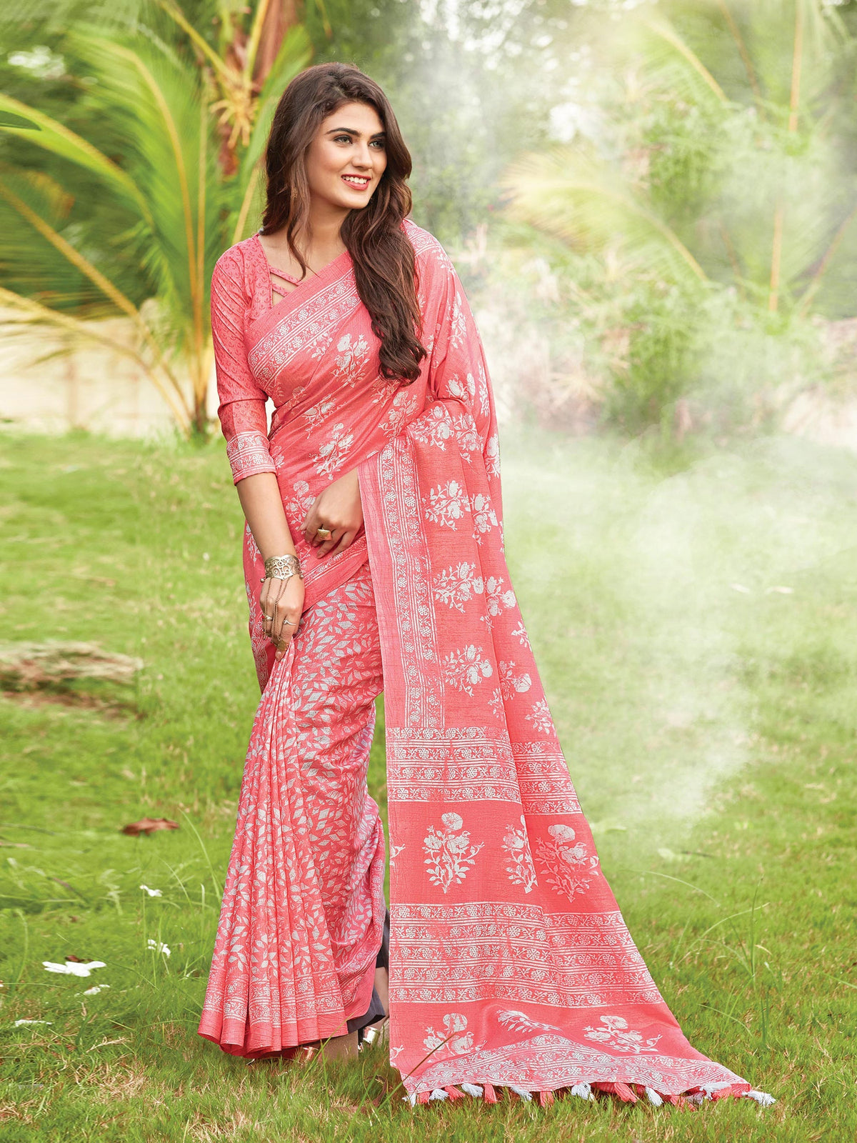 Beautiful Peach Cotton Art Silk Printed Saree 