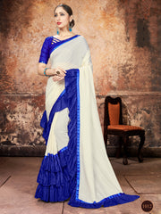 Chic Off White Georgette Ruffle- Frill Saree 