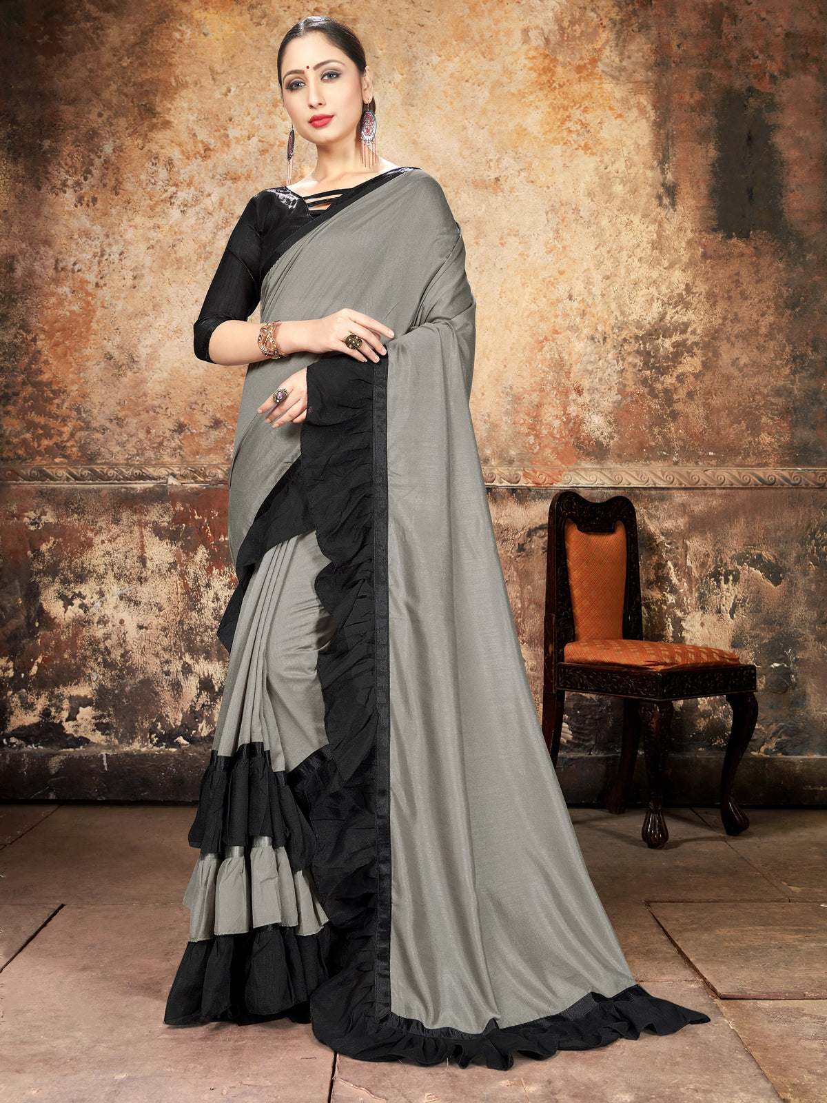 Elegant Grey Georgette Ruffle- Frill Saree 