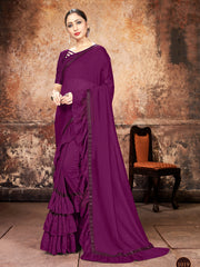 Beautiful Wine Georgette Ruffle- Frill Saree 