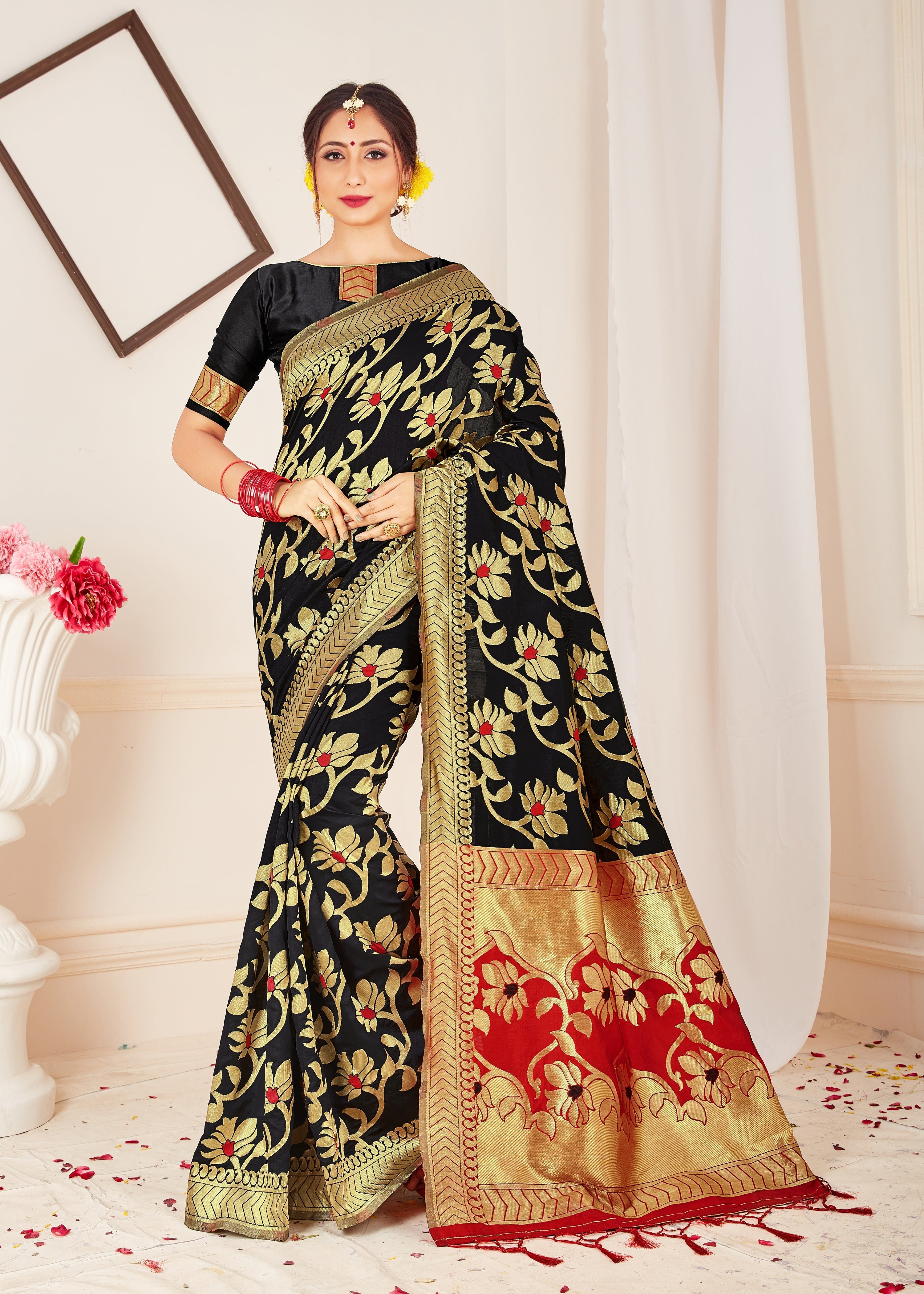 Stunning Black Banarasi Art Silk Woven Saree 