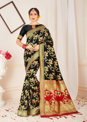 Stunning Black Banarasi Art Silk Woven Saree 