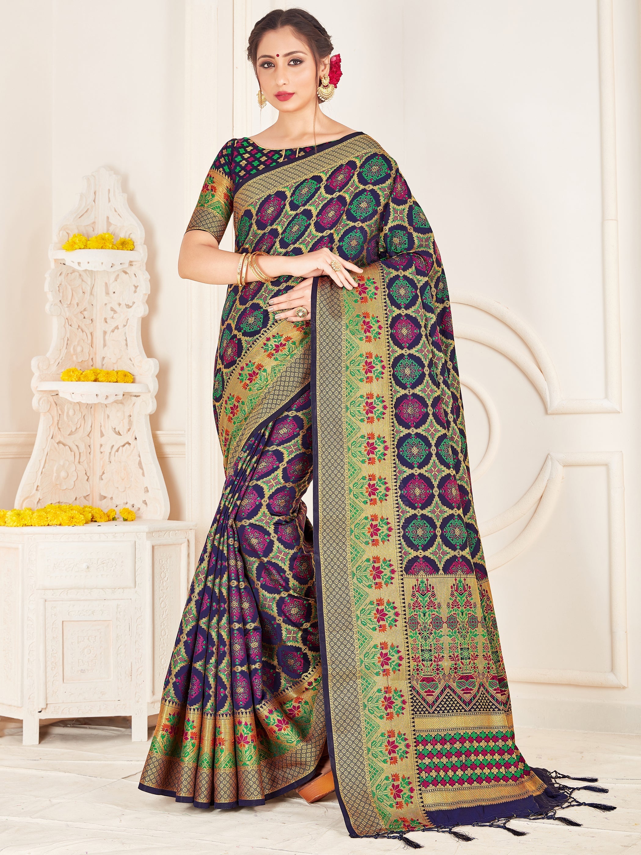 Beautiful Navy Blue Banarasi Art Silk Woven Saree 