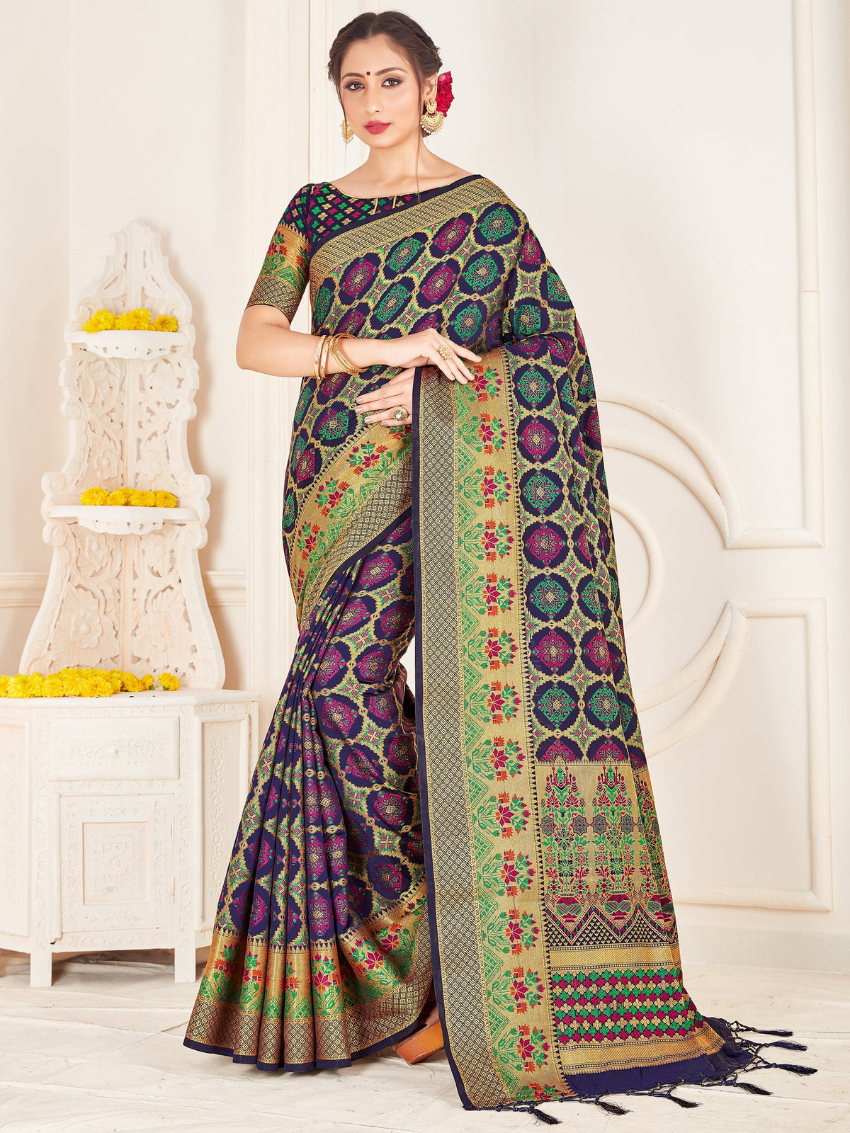 Beautiful Navy Blue Banarasi Art Silk Woven Saree 
