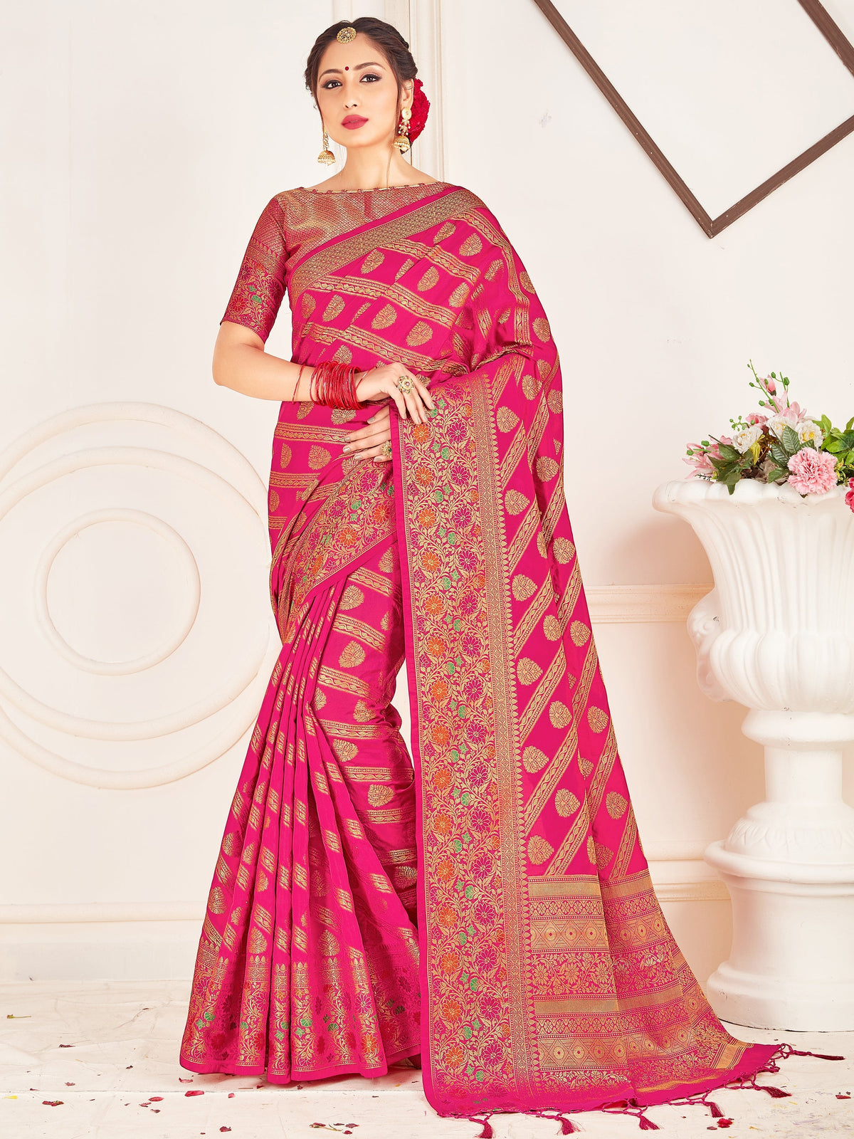Stunning Pink Banarasi Art Silk Woven Saree 