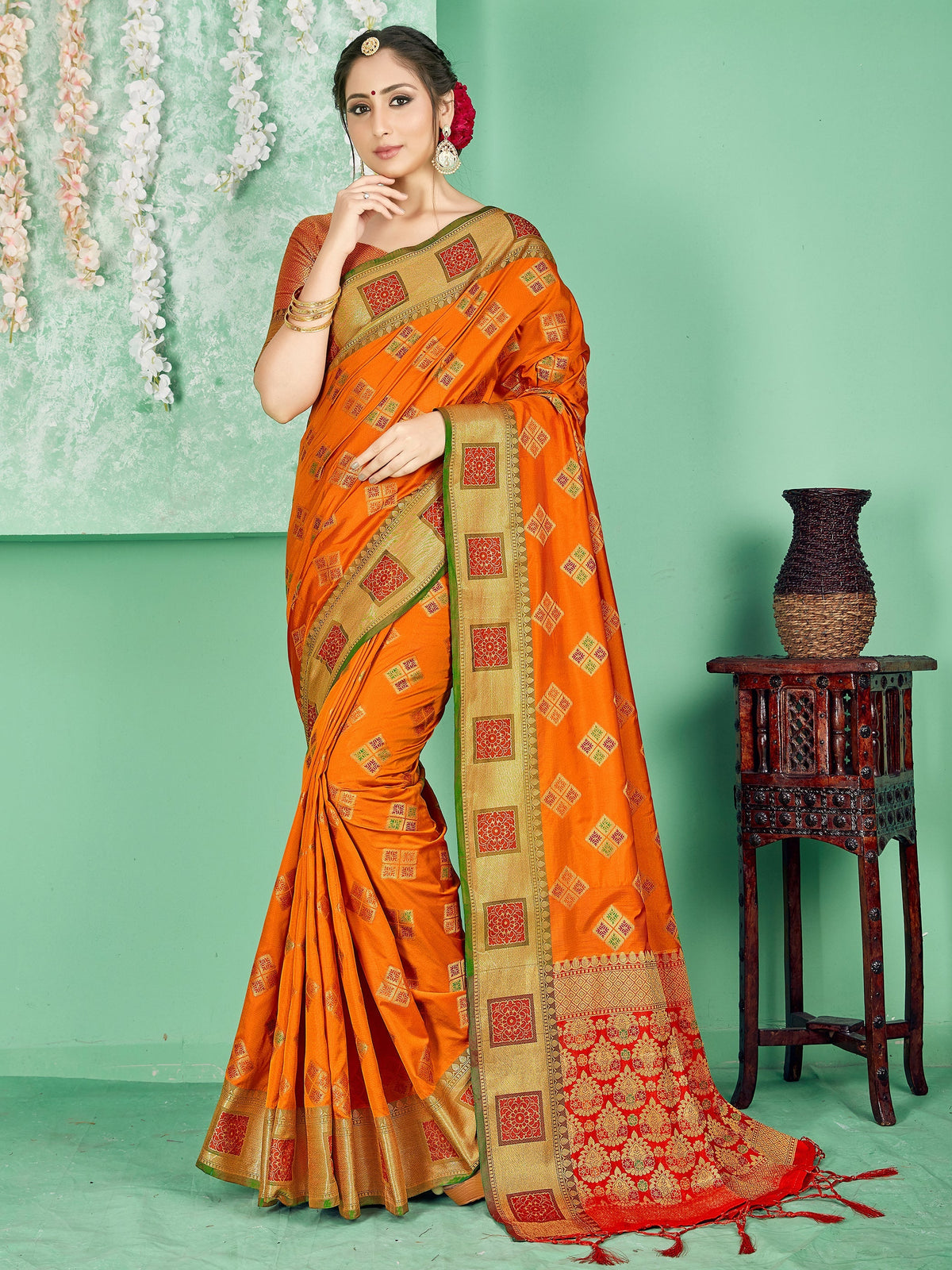 Elegant Orange Banarasi Art Silk Woven Saree 