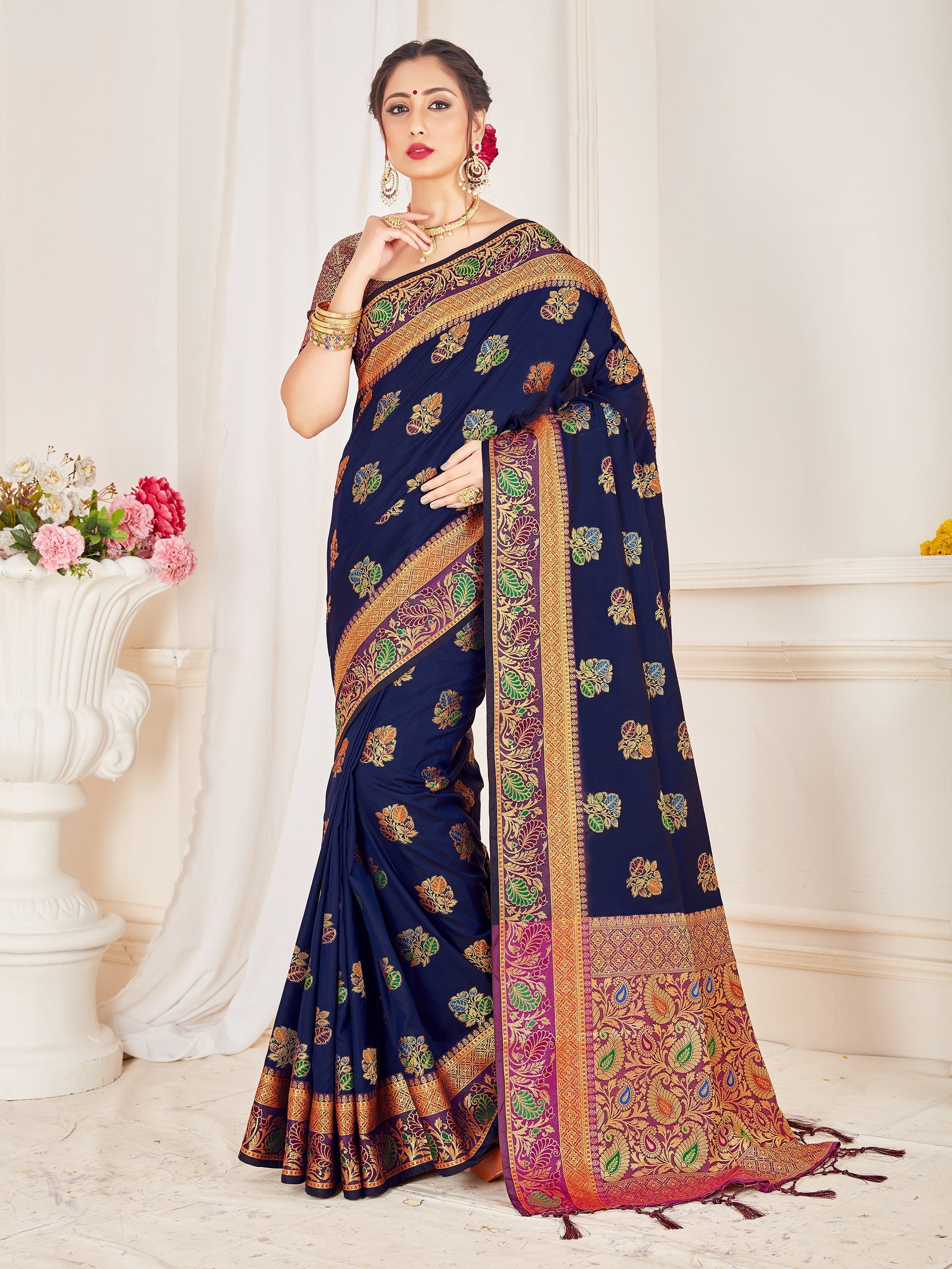 Stunning Navy Blue Banarasi Art Silk Woven Saree 