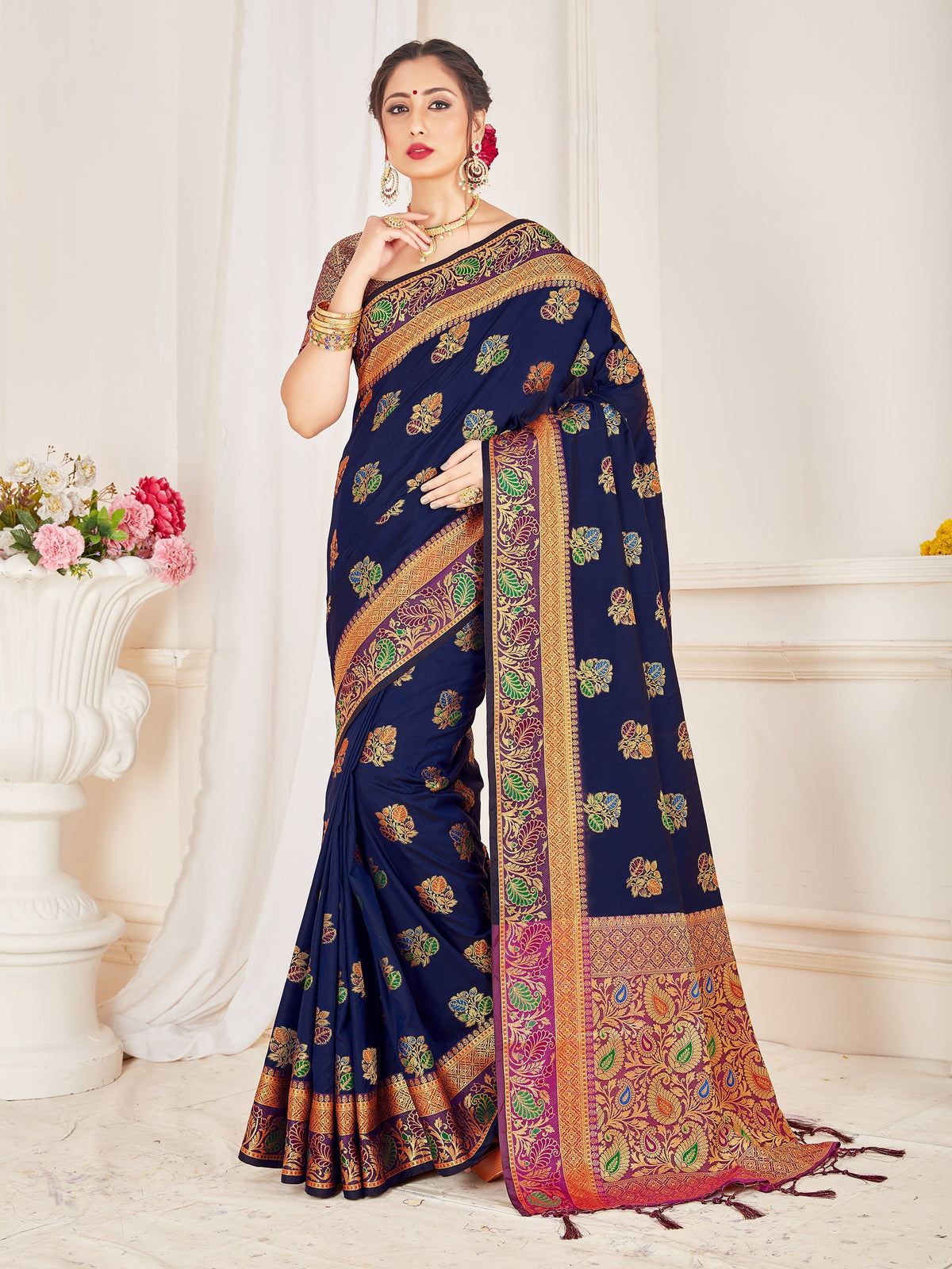 Stunning Navy Blue Banarasi Art Silk Woven Saree 