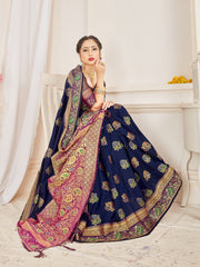 Stunning Navy Blue Banarasi Art Silk Woven Saree