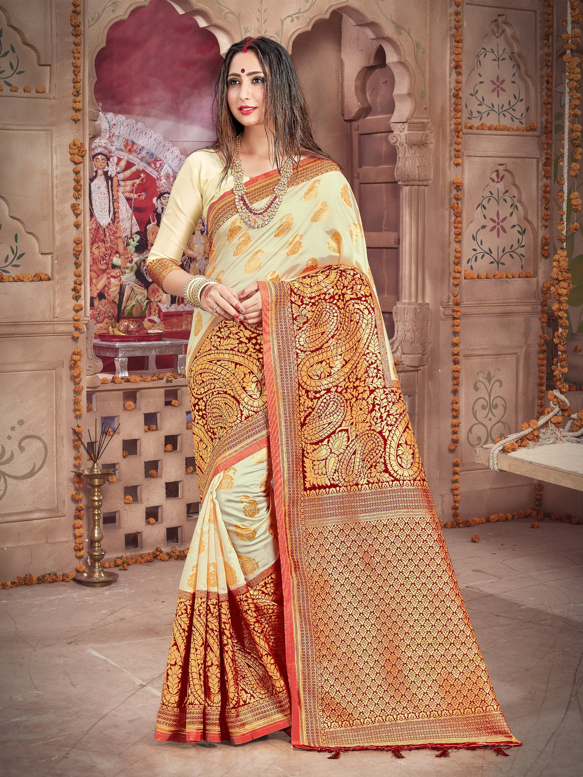 Chic Off White Banarasi Art Silk Woven Saree 