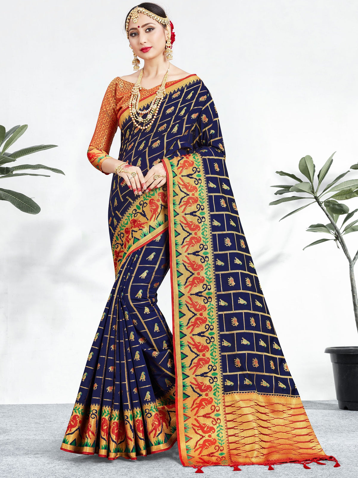 Elegant Navy Blue Banarasi Art Silk Woven Saree 