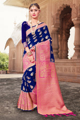 Stunning Navy Blue Banarasi Art Silk Woven Saree 