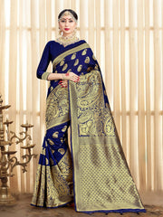 Elegant Navy Blue Banarasi Art Silk Woven Saree 