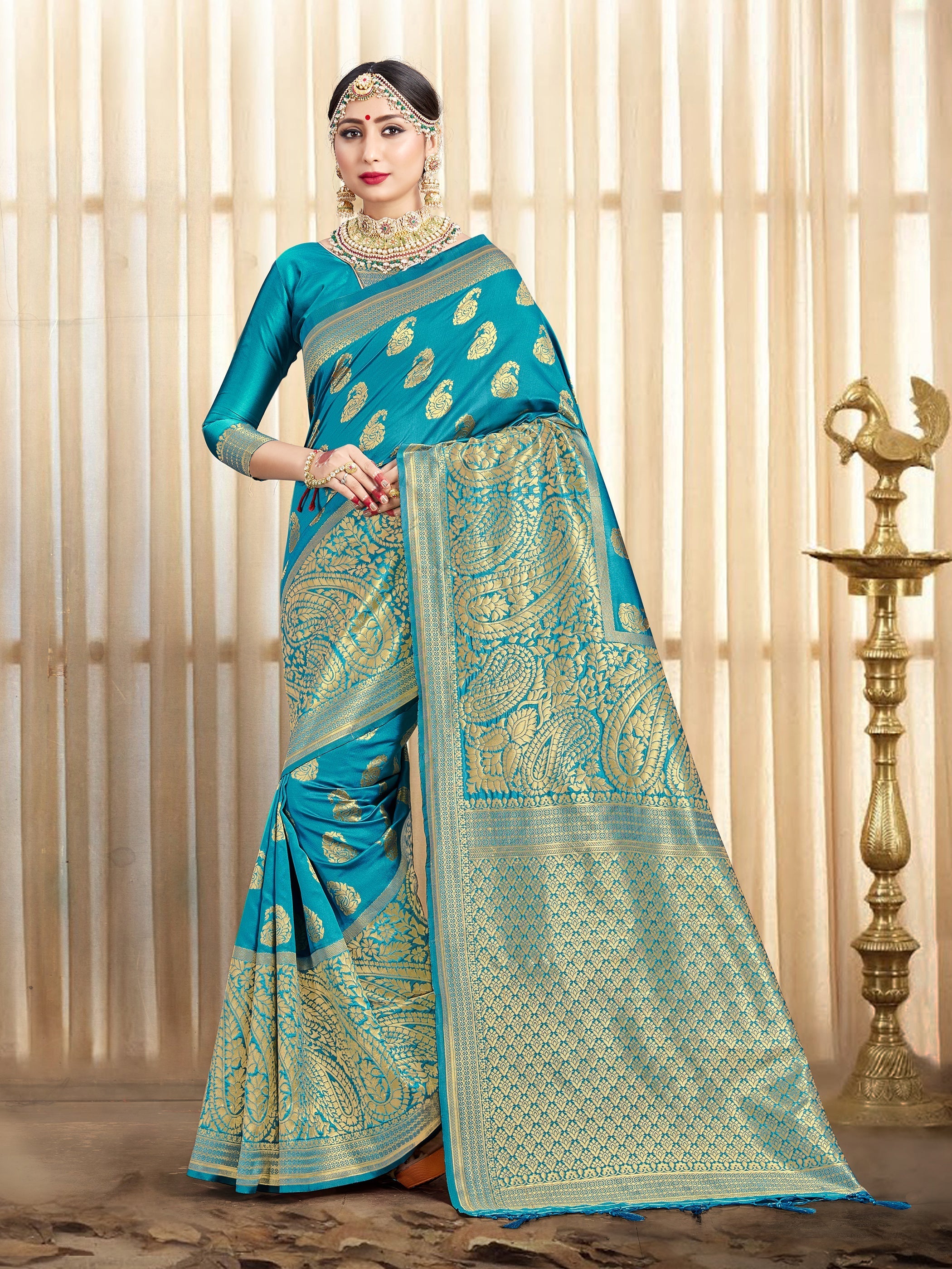 Stunning Turquoise Banarasi Art Silk Woven Saree 
