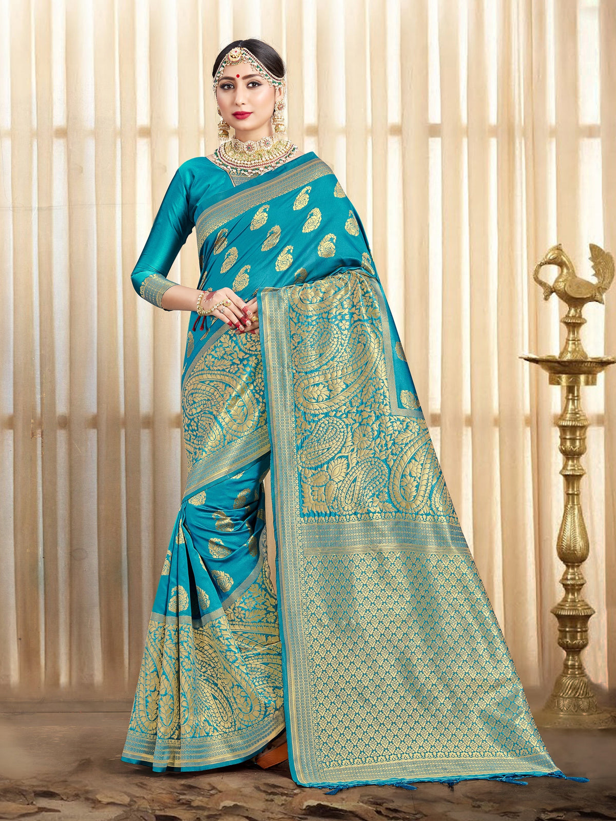 Stunning Turquoise Banarasi Art Silk Woven Saree 