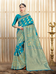 Stunning Turquoise Banarasi Art Silk Woven Saree 