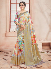 Elegant Beige Banarasi Art Silk Digital Print with woven border Saree 