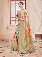 Elegant Beige Banarasi Art Silk Digital Print with woven border Saree