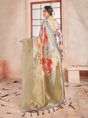 Elegant Beige Banarasi Art Silk Digital Print with woven border Saree