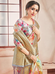 Elegant Beige Banarasi Art Silk Digital Print with woven border Saree
