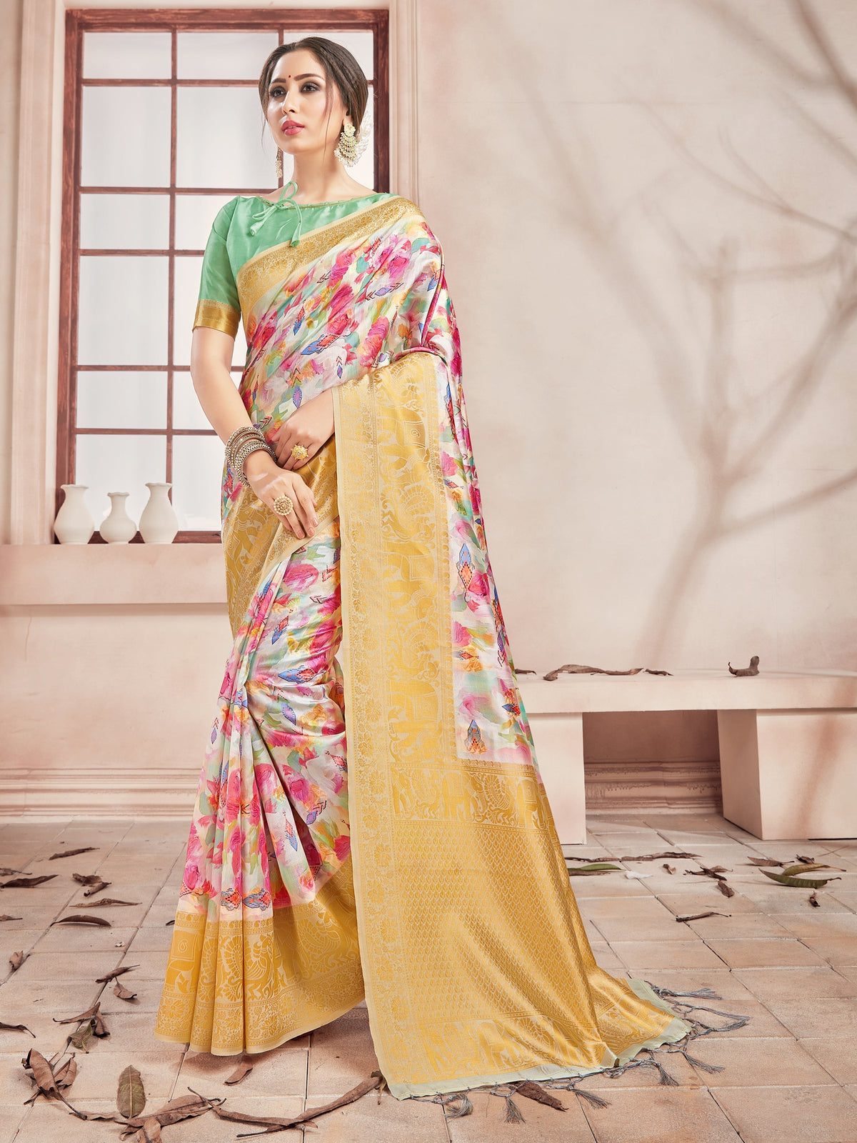 Stunning Multi Banarasi Art Silk Digital Print with woven border Saree 